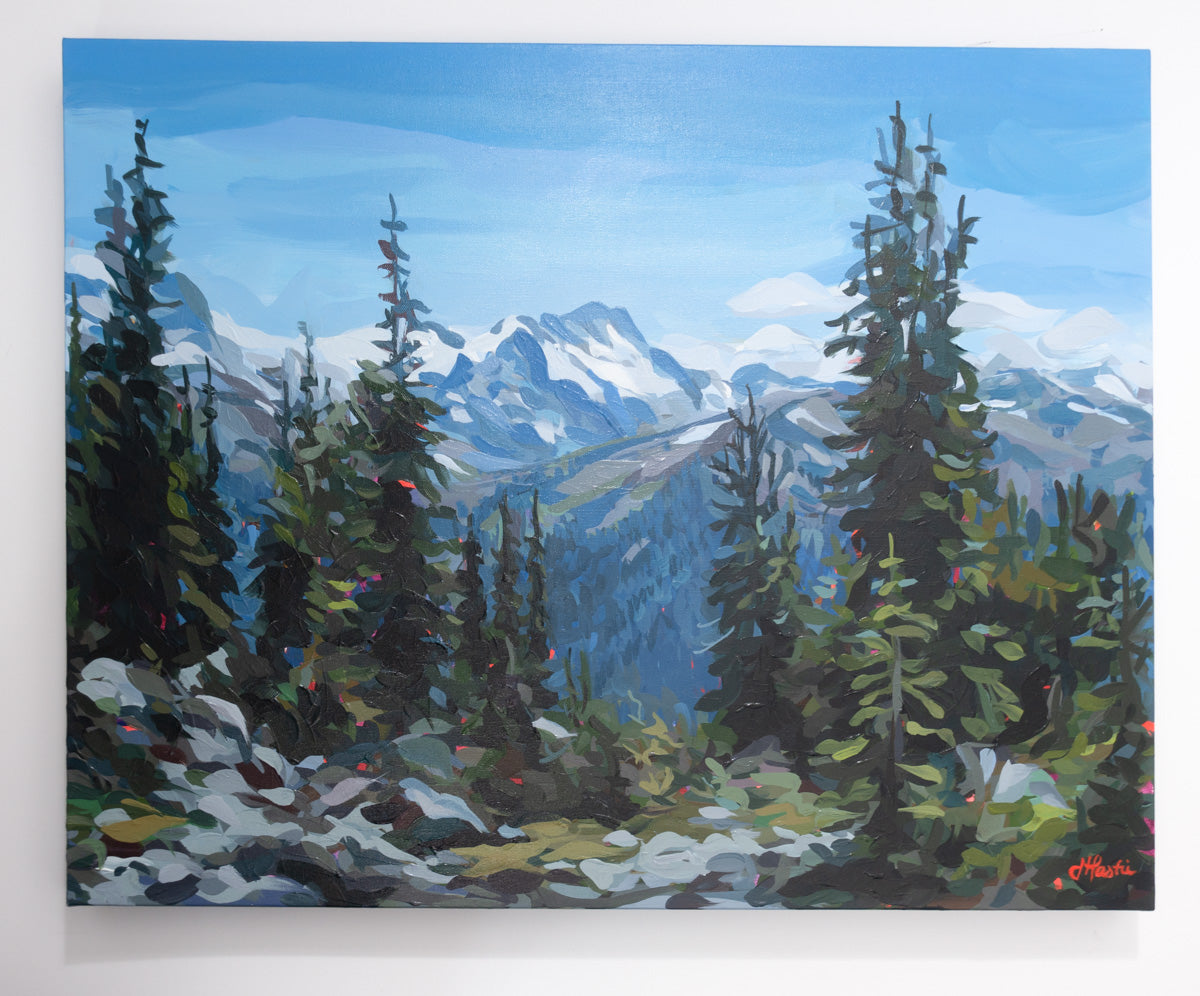 Original Landscape Painting of Whistler Blackcomb Hike with summertime Mountains and Trees by artist Joanne Hastie