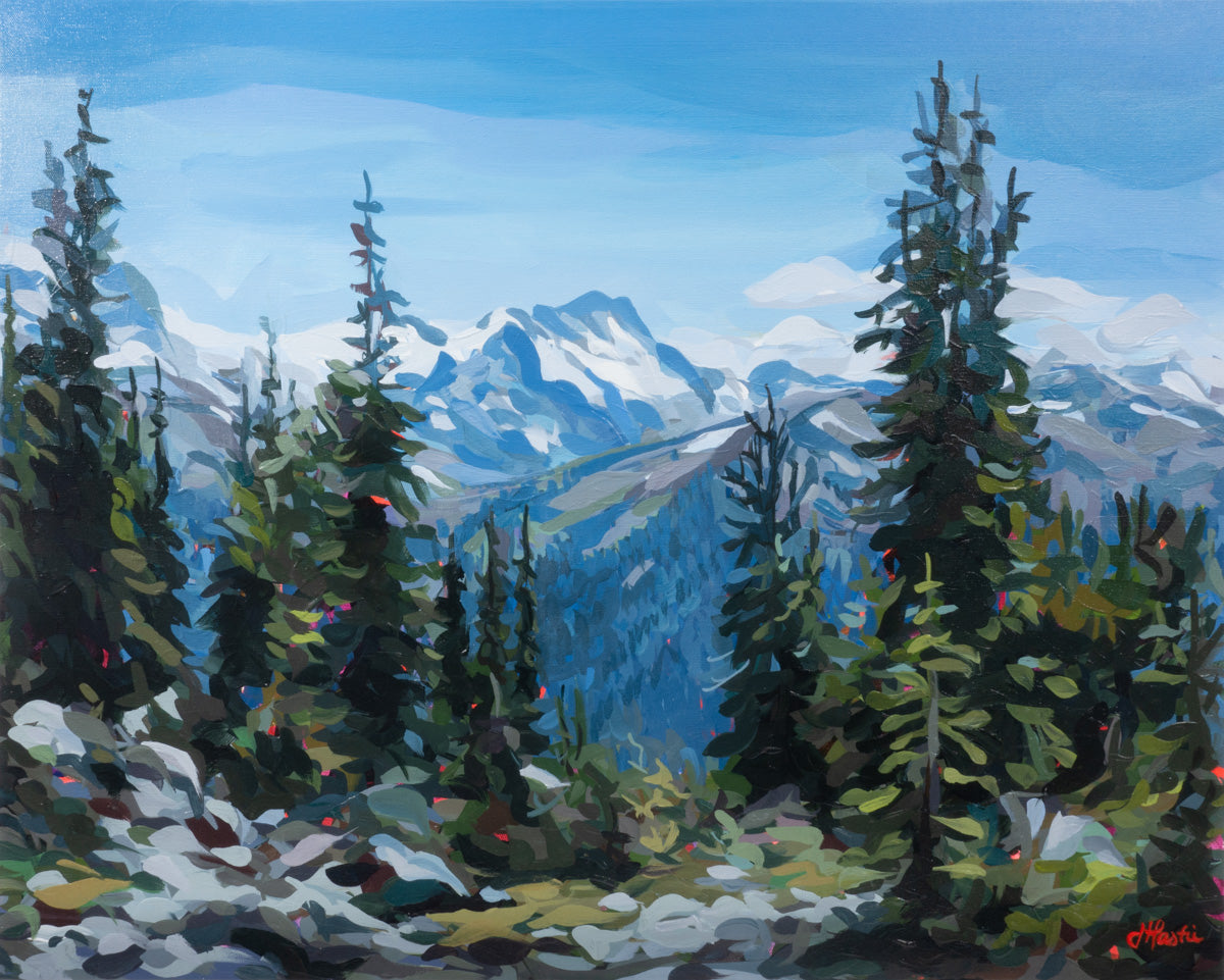 Original Landscape Painting of Whistler Blackcomb Hike with summertime Mountains and Trees by artist Joanne Hastie