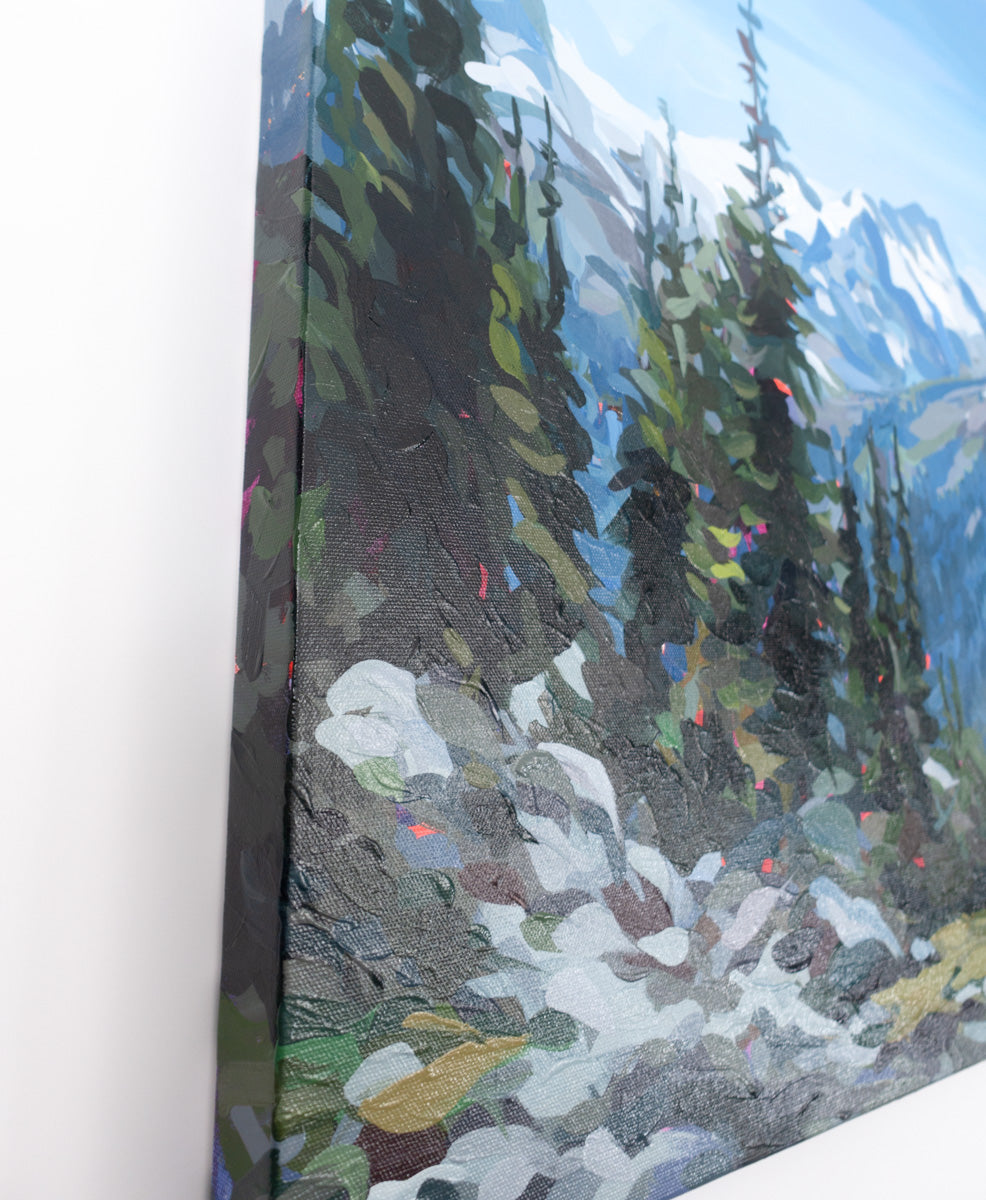 Close up of Original Landscape Painting of Whistler Blackcomb Hike with summertime Mountains and Trees by artist Joanne Hastie