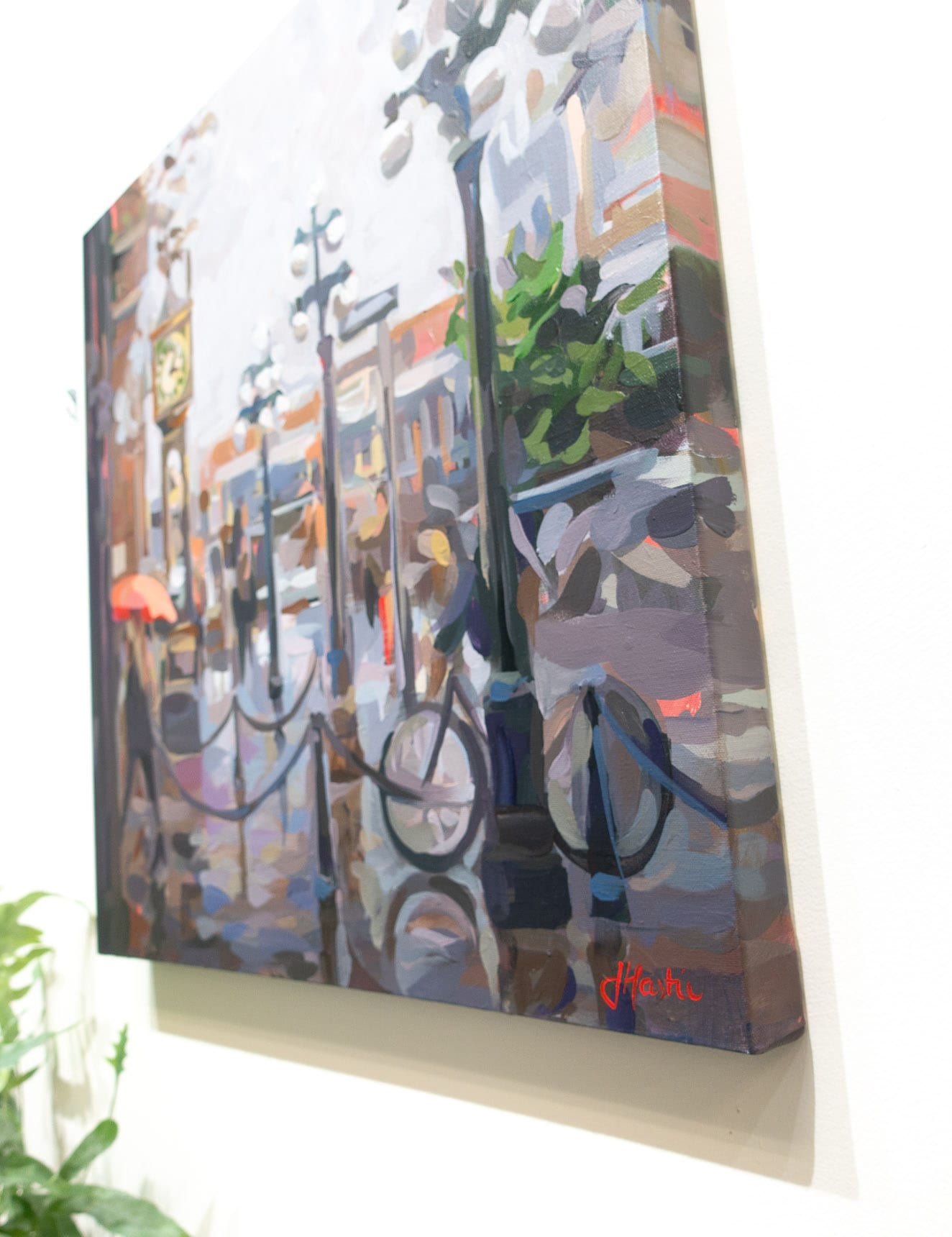 Angled photo of Painting of the Gastown Steamclock by Vancouver artist Joanne Hastie