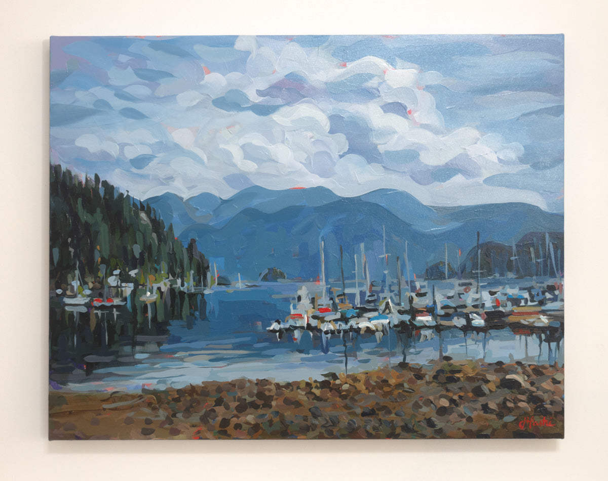 Deep Cove Original Painting showing mountains, boats and beach