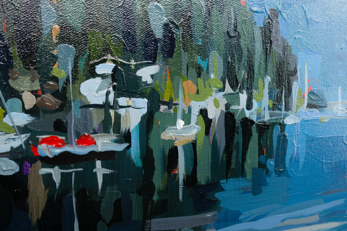 Close up of Deep Cove Original Painting by Vancouver artist Joanne Hastie